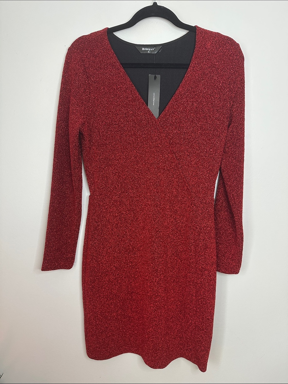 Red Glitter V-Neck Long Sleeve Dress size M NWT